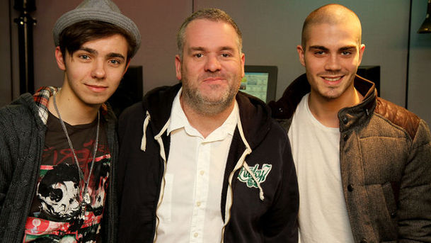 Logo for The Chris Moyles Show - Wednesday - with two of The Wanted